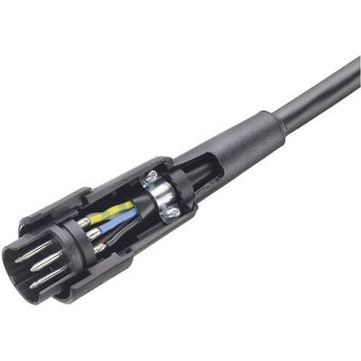 Connecteur avec boîtier ouvert révélant le câblage interne, comprenant trois fils de différentes couleurs et des pinces métalliques.