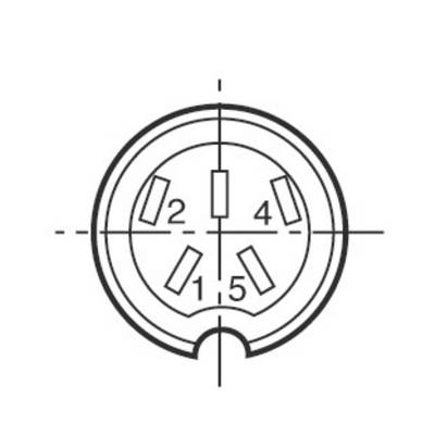 Diagramme d'une fiche DIN à 5 broches, bornes numérotées de 1 à 5 à l'intérieur d'un cercle avec un repère d'orientation.