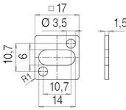 Dessin technique d'un composant avec dimensions : 10,7 x 14 mm, perçages Ø 3,5 mm. Vue latérale montrant une épaisseur de 1,5 mm.