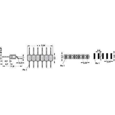 Diagramme d'un connecteur électronique, montrant les dimensions en millimètres, différentes vues et coupes techniques pour la structure de construction.
