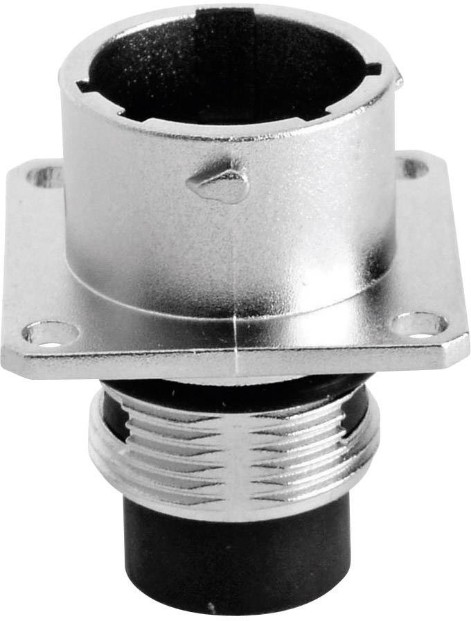 Prise femelle métallique à boîtier cylindrique et filetage. Adaptée au montage dans des appareils électriques.