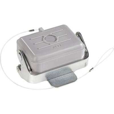 Un dispositif de sécurité rectangulaire gris avec support métallique et câble, utilisé pour sécuriser des objets.