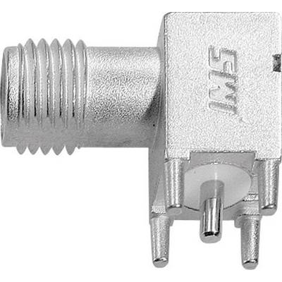 Connecteur d'angle droit métallique avec filetage et quatre broches à la base. Adapté pour les applications radiofréquence (RF).