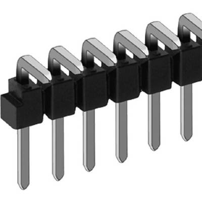 Barrette à broches métalliques à huit broches, de couleur noire, pour connexions électroniques. Les broches sont coudées pour le montage sur circuit imprimé.