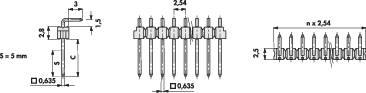Dessin technique d'une fiche à broches multiples. Marquages indiquant les espacements : 2,54 mm entre les broches et une hauteur totale de 11,50 mm.
