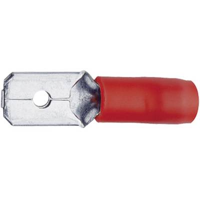 Un cosse de câble plate à manchon isolant rouge en métal, avec trou de fixation, adapté pour les connexions électriques.