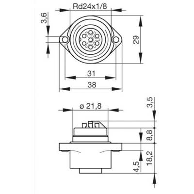 Dessin technique d'une fiche ronde avec dimensions en millimètres. Vue de dessus et vue latérale avec annotations pour les diamètres et les longueurs.