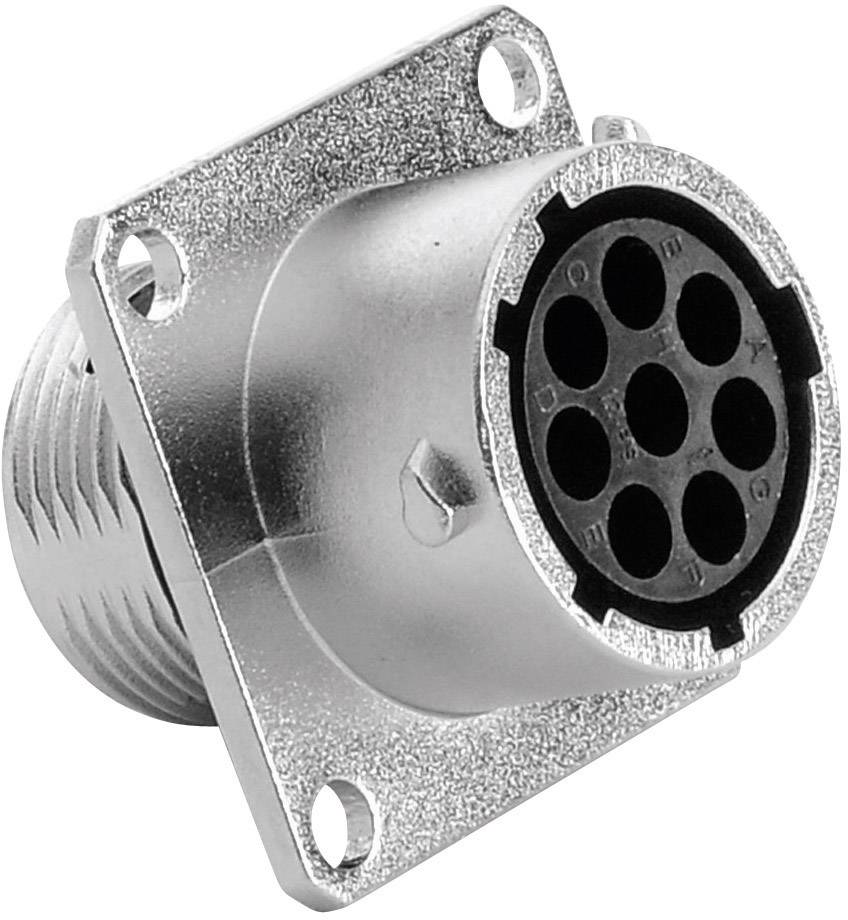 Une fiche métallique ronde avec plusieurs trous de connexion. La fiche est dotée d'un collerette de fixation carrée percée de quatre trous.