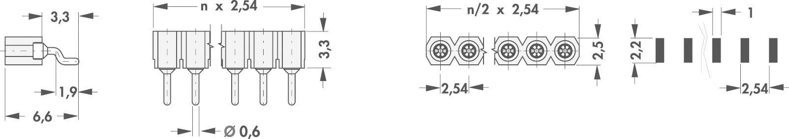 'Dessin d'un connecteur électrique avec dimensions : 6,6 mm, 3,3 mm de hauteur, 2,5 mm d'espacement entre les broches, diamètre 0,6 mm.'