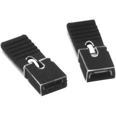 Deux fiches noires en plastique avec une surface striée et une ouverture rectangulaire, adaptées pour établir un pontage de contacts sur une carte électronique.