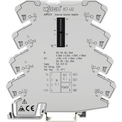 Amplificateur d'isolement WAGO avec numéro de modèle 857-402, affichant les entrées et sorties, les paramètres de fonctionnement et le marquage CE.