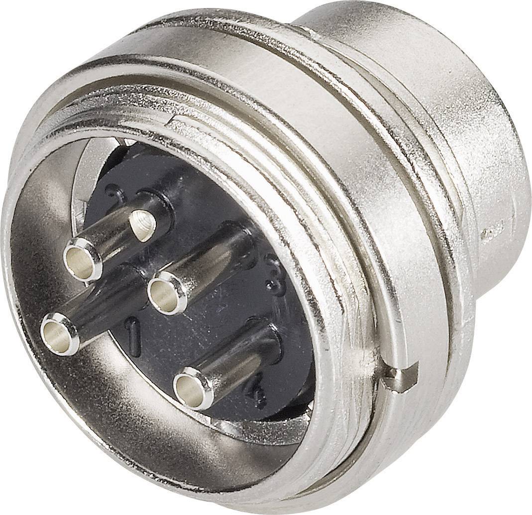 Une fiche métallique ronde avec quatre broches visibles, adaptée aux connexions industrielles.