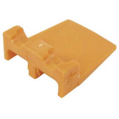 Un clip en plastique orange avec deux crochets de fixation et une surface plane. Adapté pour maintenir ou fixer des objets.