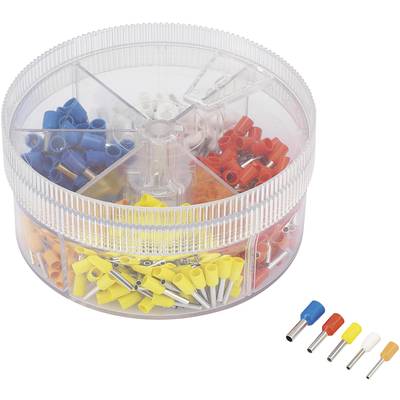 Récipient rond et transparent contenant des cosses de câble triées par couleurs : bleu, rouge, jaune et blanc.