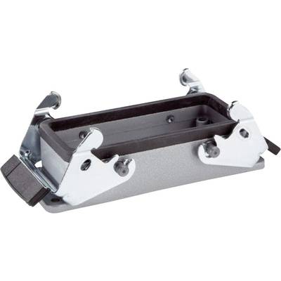 Pièce rectangulaire en métal gris avec des bords noirs et deux leviers rabattables de chaque côté, probablement un boîtier de connexion.