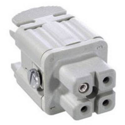 Connecteur électrique carré gris et blanc avec quatre embases rondes et une vis latérale de fixation.