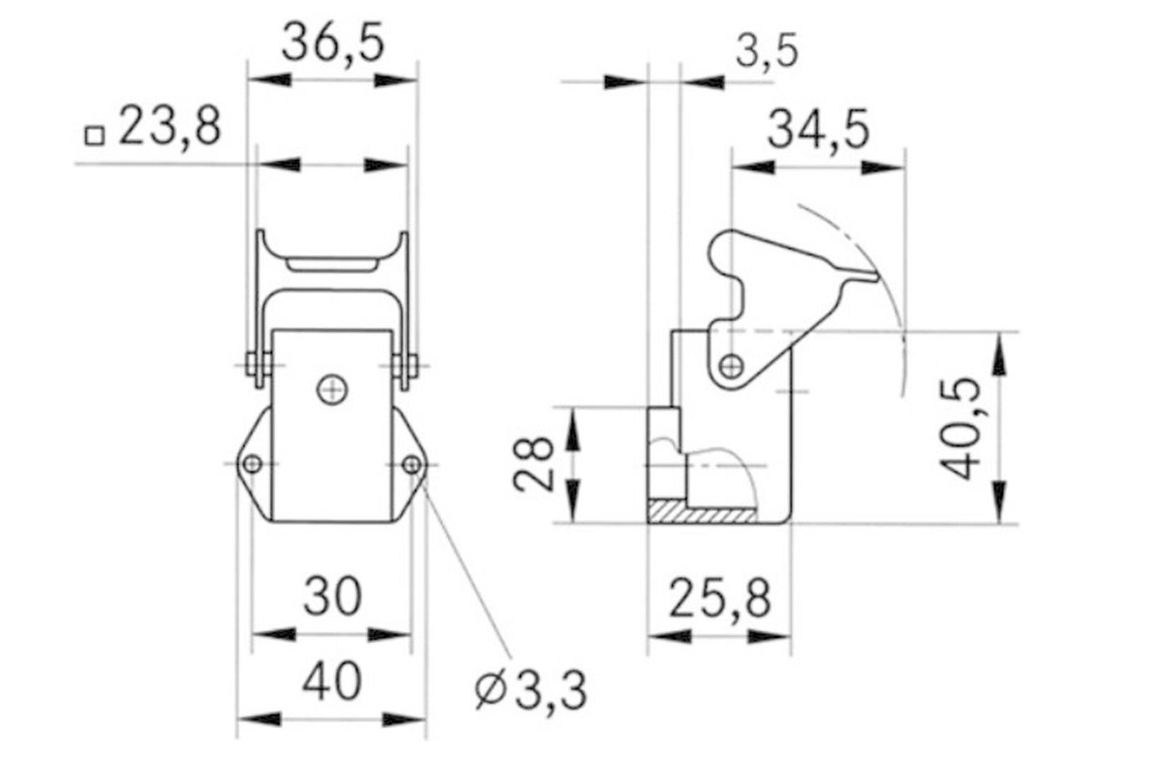 Dessin technique d'un accessoire avec dimensions en millimètres. Les détails montrent les largeurs, hauteurs et diamètres de perçage.