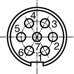 Dessin d'un connecteur à 7 broches avec des broches numérotées de 1 à 7. Forme en arc de cercle avec une ligne de centrage concentrique.