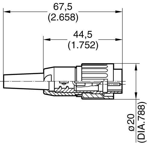 Dessin technique d'un connecteur avec dimensions : longueur 67,5 mm, diamètre 20 mm, largeur 44,5 mm. Vue en coupe.