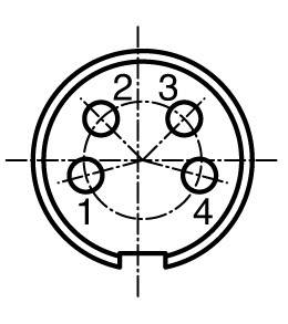Vue de dessus d'une fiche mini-DIN à quatre broches avec des broches numérotées 1, 2, 3 et 4. Disposition géométrique en cercle.