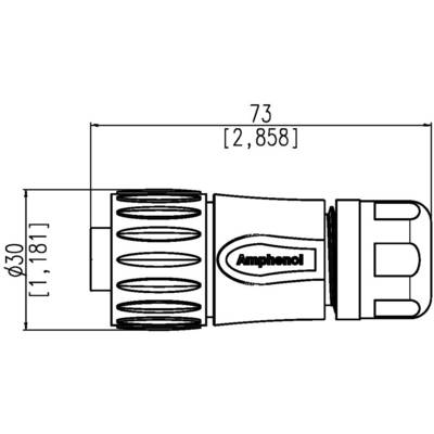 Dessin technique d'une fiche cylindrique de 73 mm de long et 30 mm de diamètre, avec le logo 'Amphenol' sur le côté.