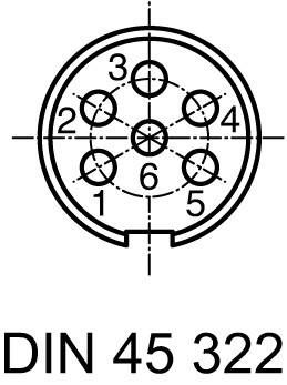 Schéma d'une fiche DIN 6 broches selon la norme DIN 45 322, montrant des broches de contact numérotées dans un motif circulaire.