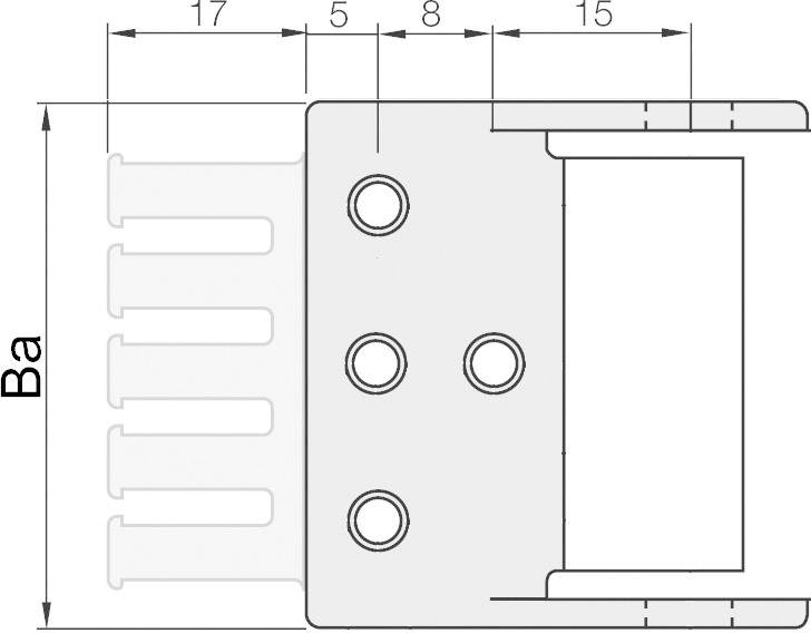 Dessin technique d'un connecteur avec dimensions : Ba, 17, 5, 8, 15 mm. Présente une vue de face et une vue latérale avec des trous de fixation.