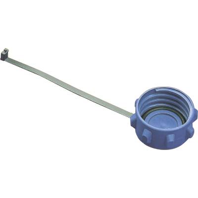 Couvercle en plastique bleu avec une longue sangle de fixation, adapté aux ouvertures rondes. Convient aux applications industrielles.
