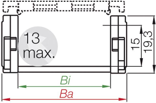 Dessin technique d'un composant avec dimensions : Hauteur 19,3 mm, Largeur 15 mm, Diamètre maximal 13 mm.