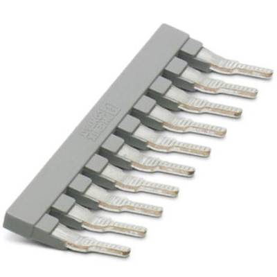 Un peigne de pontage gris pour bornes de raccordement, comportant dix dents métalliques utilisées pour les connexions électriques.