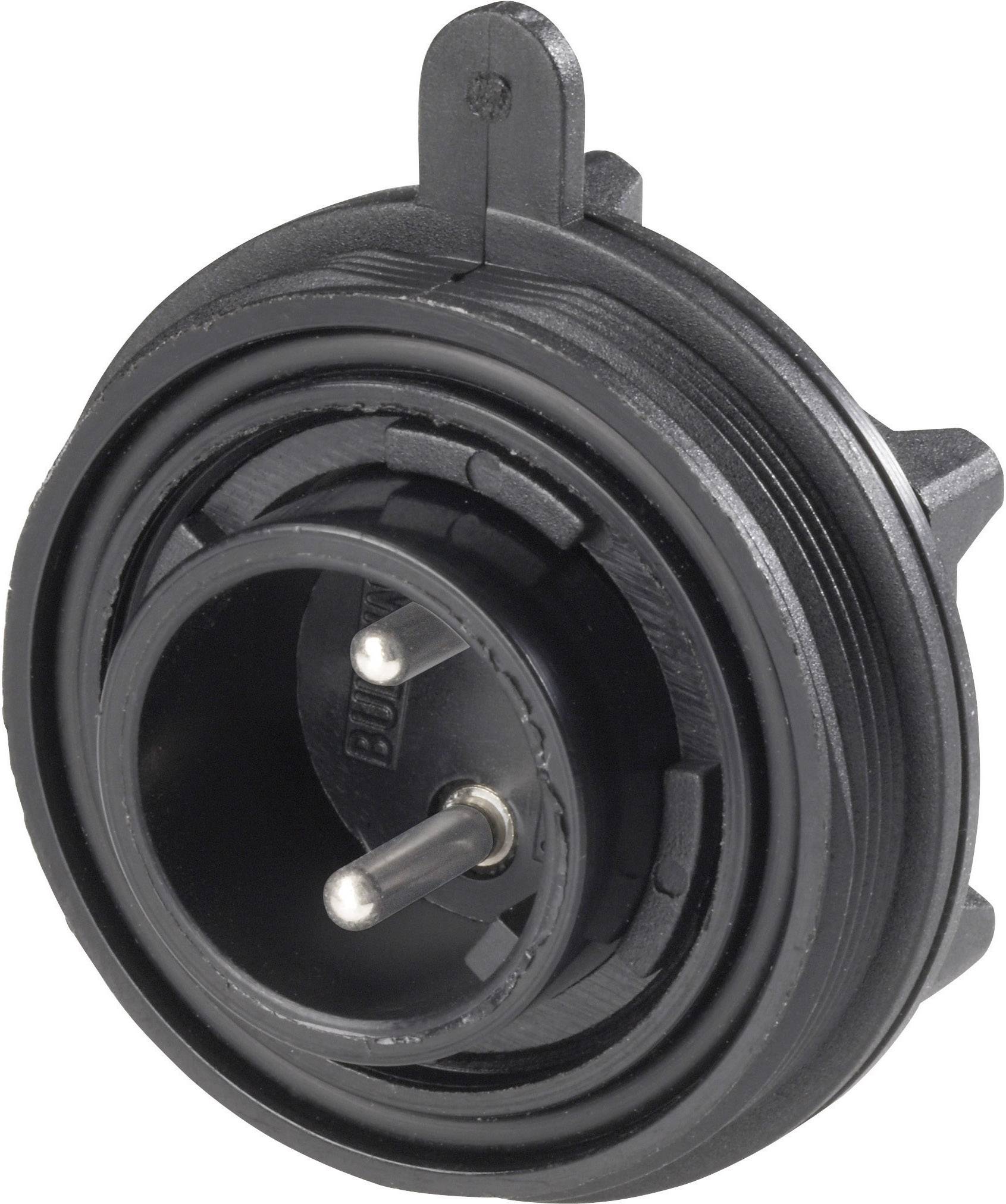 Fiche électrique noire, ronde, avec deux broches métalliques et trois doigts de montage, utilisée pour les connexions électriques.