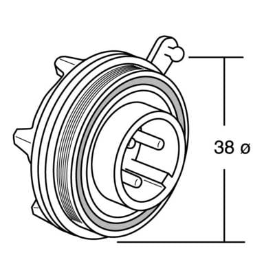 Dessin technique d'un embout de connexion cylindrique de 38 mm de diamètre, représenté sur le côté.