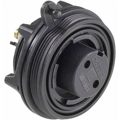 Adaptateur électrique noir et rond, avec contacts de type Schuko allemands, adapté pour la connexion aux prises électriques européennes.