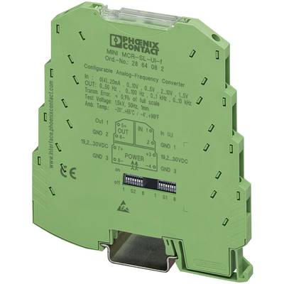 Module convertisseur de fréquence analogique vert avec points de connexion et options de configuration. Fabricant : Phoenix Contact.