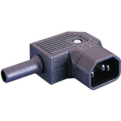 Fiche d'alimentation rectangulaire noire avec trois contacts métalliques dans un boîtier en plastique. Adaptée aux ordinateurs et aux appareils électroniques.