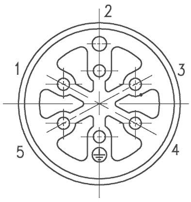 Dessin technique d'une prise ronde avec cinq contacts numérotés disposés en cercle, des lignes montrant les points de connexion.