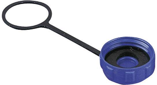 Bouchon à vis bleu avec bracelet de maintien noir, adapté aux contenants.