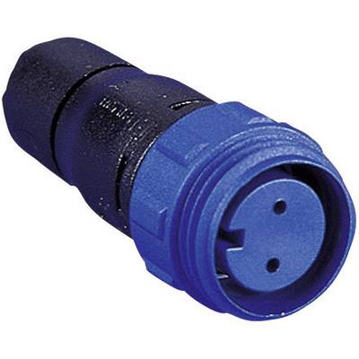 Connecteur électrique bleu à deux broches visibles, adapté aux applications industrielles ou techniques.