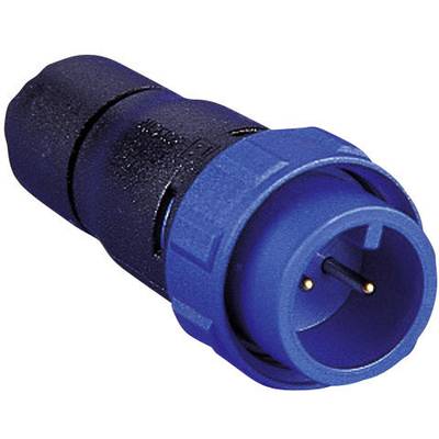 Connecteur industriel bleu et noir avec deux contacts métalliques, adapté aux applications électriques robustes dans des environnements industriels.
