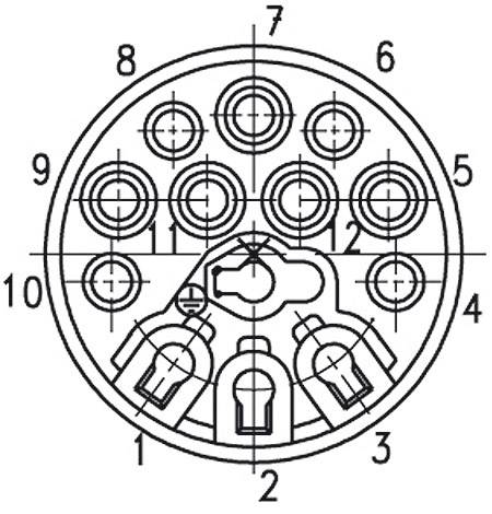 Dessin technique d'un connecteur : Schéma circulaire avec broches numérotées. Illustre la disposition et la connexion des contacts.