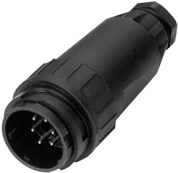 Un connecteur cylindrique noir avec plusieurs broches métalliques, adapté aux connexions électriques et aux applications industrielles.