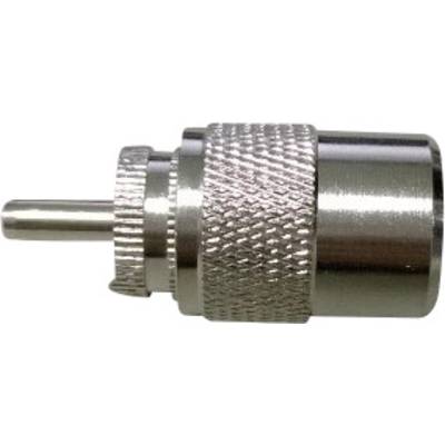 Un adaptateur argenté, métallique, avec une surface striée et une broche centrale. Adapté pour les connexions électroniques.