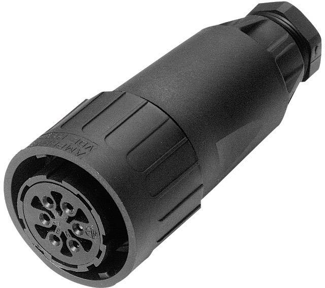 Un connecteur noir cylindrique avec plusieurs contacts métalliques sur sa face avant, utilisé pour relier des appareils électroniques.