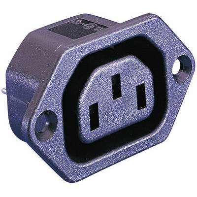 Une fiche d'appareil noir (IEC 60320 C14) avec trois trous rectangulaires parallèles pour l'alimentation électrique des appareils.