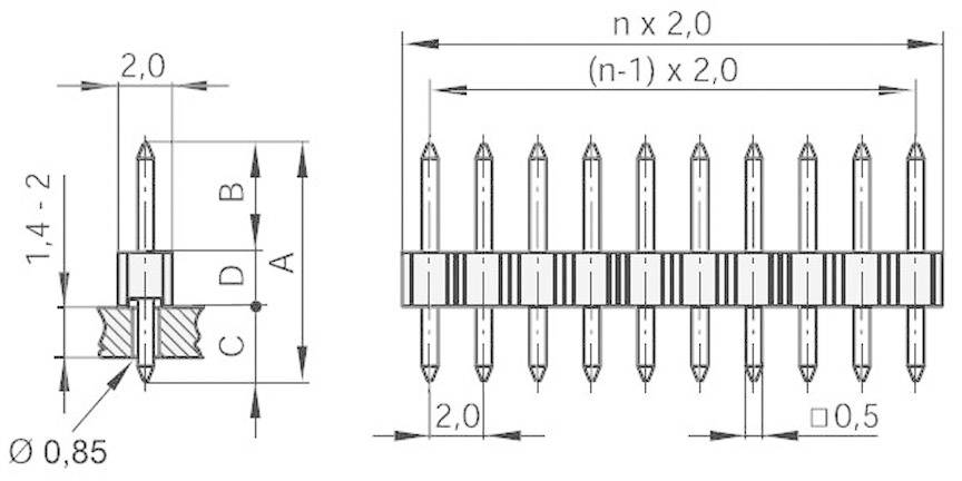 Dessin technique d'une barrette de broches électrique : indique les dimensions des broches et leurs écartements. Crucial pour le montage et la connexion électrique.