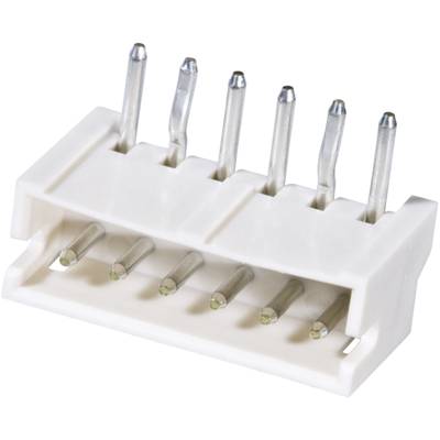 Un connecteur blanc à six pôles avec six broches métalliques et six emplacements en dessous, typiquement utilisé pour les connexions électroniques.