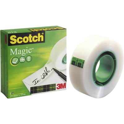 Emballage et rouleau de ruban adhésif Scotch Magic, 19 mm x 33 m. L'emballage affiche l'inscription 'Invisible' et le logo 3M.