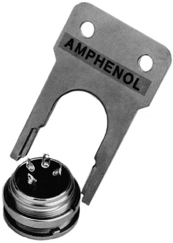 Outil de déconnexion Amphenol avec une fourche métallique et un connecteur rond au premier plan.