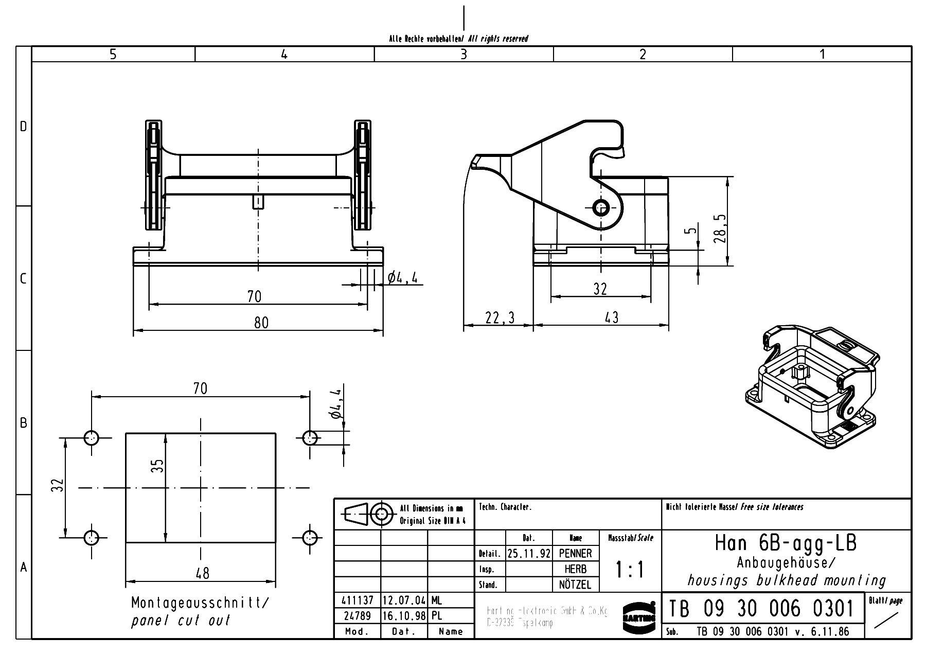 Dessin technique d'un boîtier de montage dans différentes vues avec cotations en mm. Représente le montage d'un raccord.