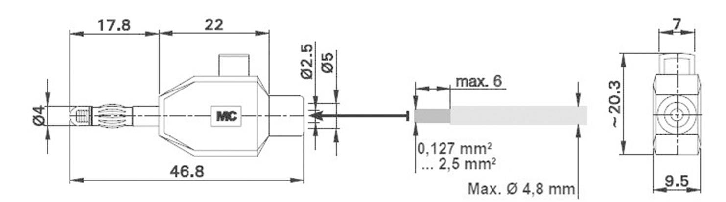 Dessin coté d'un composant cylindrique avec un câble raccordé latéralement. Contient les dimensions importantes et les connexions du composant.
